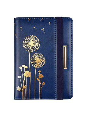 Womens Passport Wallet Holder RFID Blocking Faux Leather Dandelion Blue Gold
